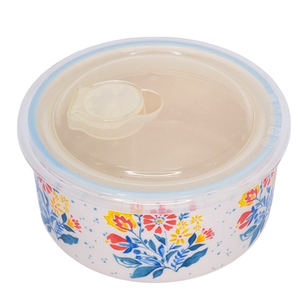 The Pioneer Woman Stoneware Storage Bowl Small White Floral Vented Lid Vintage
